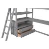 Twin Size Loft Bed with Desk and Shelves;  Two Built-in Drawers - Gray