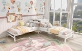 Twin Size L-Shaped Platform Beds with Drawer Linked with Built-in Rectangle Table - White