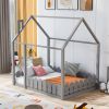 (Slats are not included) Full Size Wood Bed House Bed Frame with Fence;  for Kids;  Teens;  Girls;  Boys - Gray