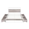 Queen Size Metal Platform Bed Frame with Four Drawers; Sockets and USB Ports ; Slat Support No Box Spring Needed - White