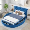 Queen Size Round Shape Upholstery Low Profile Storage Platform Bed with Storage Space on both Sides and Footboard - Blue