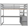 Full Size Loft Bed with Desk and Shelves; Two Built-in Drawers - Gray