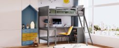 Twin size Loft Bed with Shelves and Desk;  Wooden Loft Bed with Desk - Gray