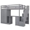 Twin Size Loft Bed with Wardrobe and Staircase;  Desk and Storage Drawers and Cabinet in 1 - Gray