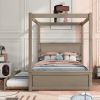 Wood Canopy Bed with Trundle Bed ; Full Size Canopy Platform bed With Support Slats .No Box Spring Needed - Light Brown