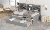 Twin Size Wooden Captain Bed with Built-in Bookshelves; Three Storage Drawers and Trundle - Grey