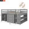 Low Study Full Loft Bed with Cabinet ; Shelves and Rolling Portable Desk ; Multiple Functions Bed - Gray