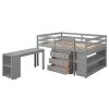 Low Study Full Loft Bed with Cabinet ; Shelves and Rolling Portable Desk ; Multiple Functions Bed - Gray