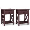 Set of 2 Wooden Nightstand;  X-Shaped Sofa Side Table End Table with Drawer and Open Shelf;  Bedroom Living Room Furniture - Brown