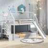 Twin over Twin House Bunk Bed with Slide and Storage Staircase - White