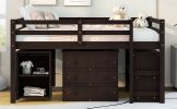 Low Study Full Loft Bed with Cabinet ; Shelves and Rolling Portable Desk ; Multiple Functions Bed - Espresso