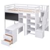 Twin Size Loft Bed with Pullable Desk and Storage Shelves; Staircase and Blackboard - White