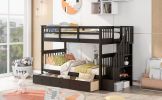 Stairway Twin-Over-Twin Bunk Bed with Three Drawers for Bedroom, Dorm - Gray - Espresso