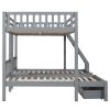 Full Over Twin & Twin Bunk Bed, Wood Triple Bunk Bed with Drawers and Guardrails - Gray