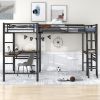 Twin Size Metal Loft Bed with Two Built-in Desks - Black