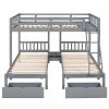 Full Over Twin & Twin Bunk Bed, Wood Triple Bunk Bed with Drawers and Guardrails - Gray