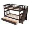 Stairway Twin-Over-Twin Bunk Bed with Three Drawers for Bedroom, Dorm - Gray - Espresso