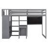 Twin Size Loft Bed with Pullable Desk and Storage Shelves; Staircase and Blackboard - Gray