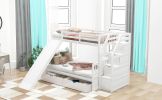 Twin over Full Bunk Bed with Drawers,Storage and Slide, Multifunction, White - White