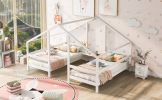 Double Twin Size Triangular House Beds with Built-in Table,Gray - White