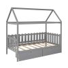 Twin Size House Bed with drawers, Fence-shaped Guardrail, Gray - Gray