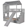 Twin over Twin House Bunk Bed with Trundle and Slide ; Storage Staircase; Roof and Window Design - Gray