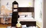 Stairway Twin Over Full Bunk Bed;  House Bed with Two Shelves and Seven Drawers - Espresso