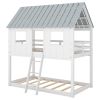 Twin over Twin Size Low Bunk Beds with Roof and Fence-shaped Guardrail, White - White