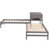 Twin Size L-Shaped Platform Beds with Drawer Linked with Built-in Rectangle Table - Gray