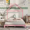 Full Size Wood Platform Bed with House-shaped Headboard  - Pink