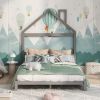 Full Size Wood Platform Bed with House-shaped Headboard  - Gray