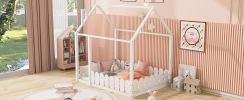 (Slats are not included) Full Size Wood Bed House Bed Frame with Fence;  for Kids;  Teens;  Girls;  Boys - White