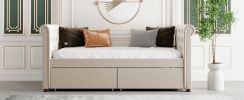 Twin Size Upholstered daybed with Drawers;  Wood Slat Support - Beige