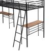 Twin Size Metal Loft Bed with Two Built-in Desks - Black