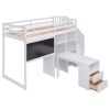 Twin Size Loft Bed with Pullable Desk and Storage Shelves; Staircase and Blackboard - White