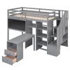 Twin Size Loft Bed with Pullable Desk and Storage Shelves; Staircase and Blackboard - Gray