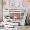 Stairway Twin-Over-Twin Bunk Bed with Three Drawers for Bedroom, Dorm - Gray - White