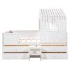 Full Size House Low Loft Bed with Four Drawers - White