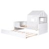 Twin Size House Low Loft Bed with Trundle - White