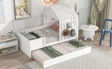 Twin Size House Low Loft Bed with Trundle - White