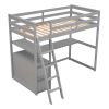 Twin Size Loft Bed with Desk and Shelves;  Two Built-in Drawers - Gray