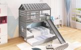 Twin over Twin House Bunk Bed with Trundle and Slide ; Storage Staircase; Roof and Window Design - Gray