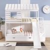 Twin over Twin House Bunk Bed with Trundle and Slide ; Storage Staircase; Roof and Window Design - White