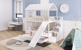 Twin over Twin House Bunk Bed with Trundle and Slide ; Storage Staircase; Roof and Window Design - White