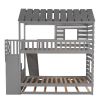 Twin over Twin House Bunk Bed with Trundle and Slide ; Storage Staircase; Roof and Window Design - Gray