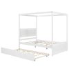 Wood Canopy Bed with Trundle Bed ; Full Size Canopy Platform bed With Support Slats .No Box Spring Needed - White