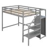 Full Size Loft Bed with Built-in Storage Wardrobe and Staircase - Gray