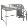 Full Size Loft Bed with Built-in Storage Wardrobe and Staircase - Gray