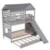 Twin over Twin House Bunk Bed with Trundle and Slide ; Storage Staircase; Roof and Window Design - Gray