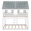 Twin over Twin Size Low Bunk Beds with Roof and Fence-shaped Guardrail, White - White